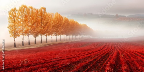 Misty autumn landscape with a radiant red wicker field in the foreground and a row of yellow-leaved poplar trees in the distance photo