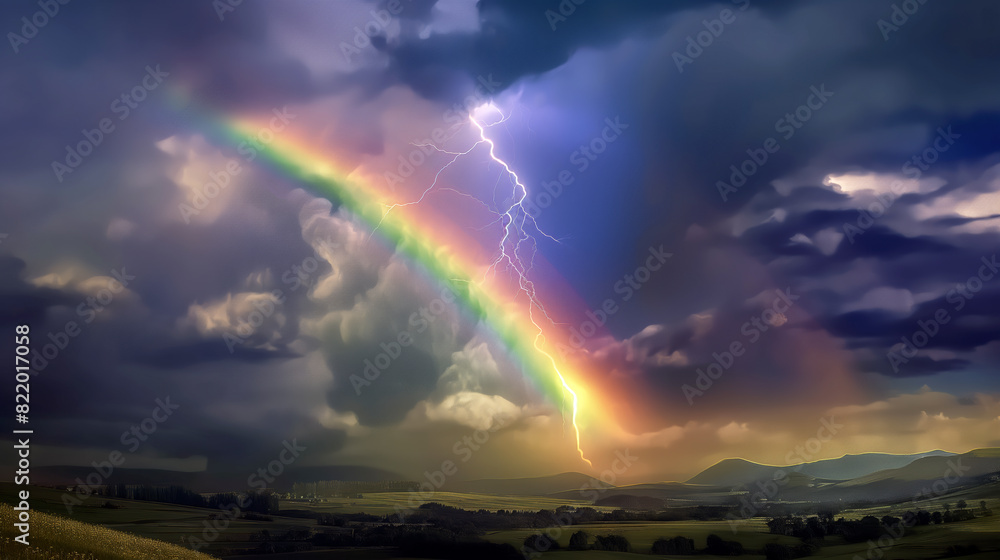Rainbow and thunderstorm over rolling hills Rainbow and thunderstorm over rolling hills