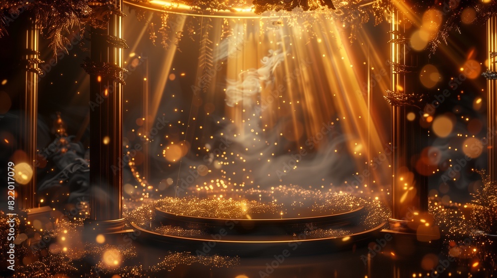 An elegant podium emerges from the darkness, illuminated by cascading golden rays and surrounded by ethereal bokeh decorations and flickering fire effects.