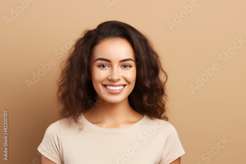 Beige background Happy european white Woman realistic person portrait of young beautiful Smiling Woman Isolated on Background ethnic diversity equality acceptance  © Zickert