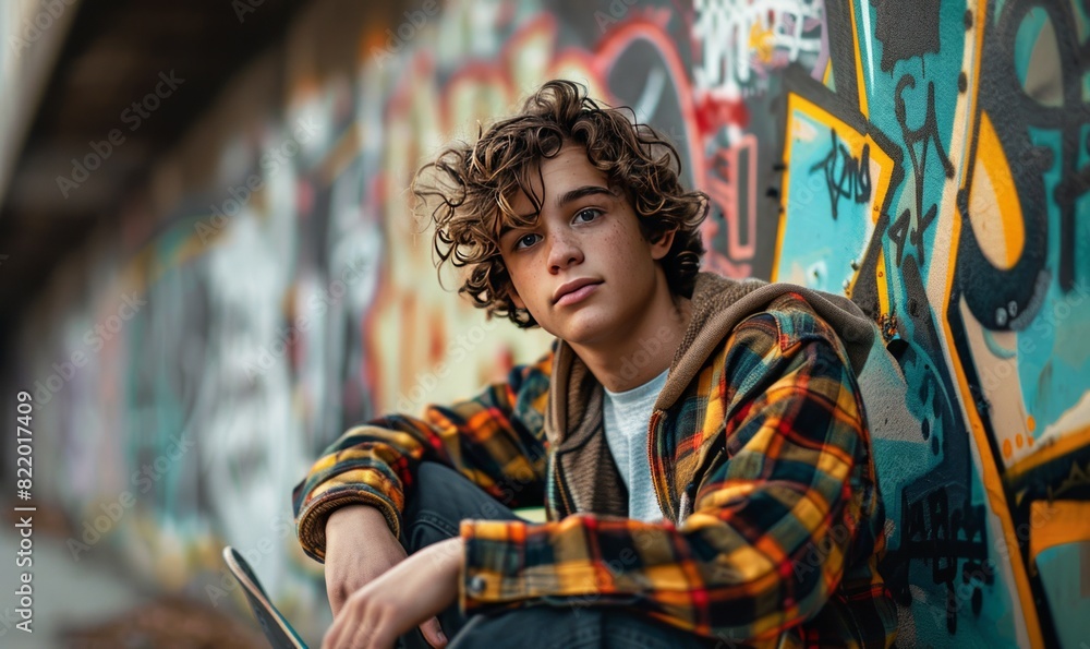 Male teenager resting after skateboarding in city Male teenager resting after skateboarding in city