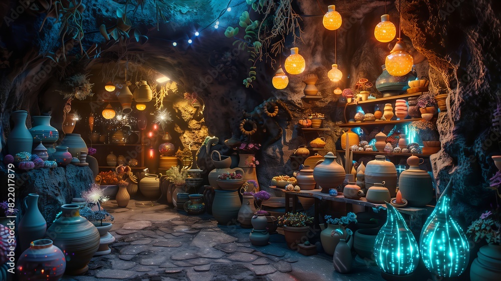 An underground studio with imaginative pottery designs, glowing in the light of bioluminescent plants.