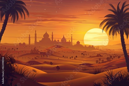 Mesmerizing Mirage of an Arabian Oasis Shimmering in the Desert Sunset