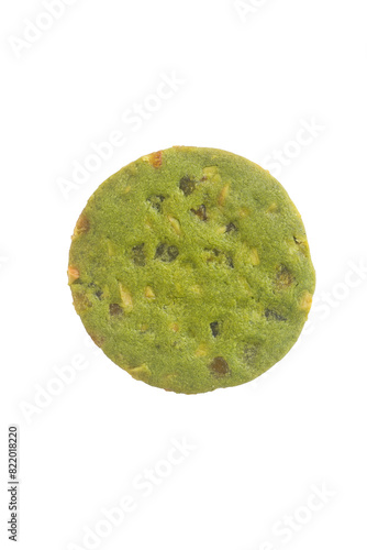 matcha green tea shortbread cookies with orange candy and macadamia nut isolated on white.