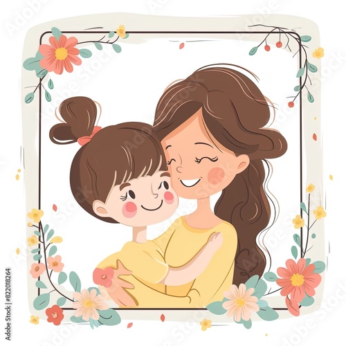 photo frame of mother and daughter, cartoon, vectorial, white background
