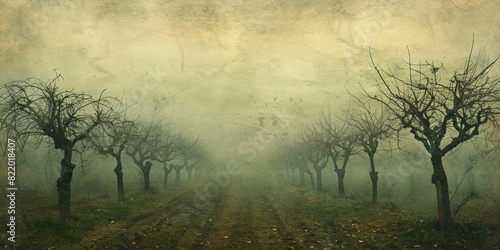 Misty orchard with barren trees on a gloomy day © Павел Озарчук