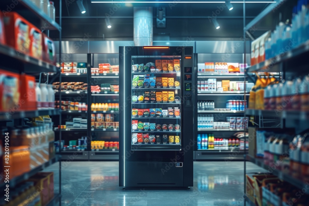 Futuristic vending machines full of beverages and food