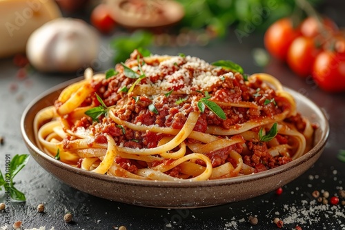 Tagliatelle al Raga: Fresh tagliatelle pasta served with a rich and meaty Bolognese sauce, garnished with grated Parmesan
