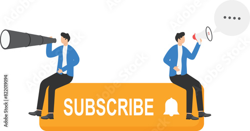 Social media marketing and increasing subscribers. concept illustration of man standing together and pushing the red button to stay informed about recent news and updates

