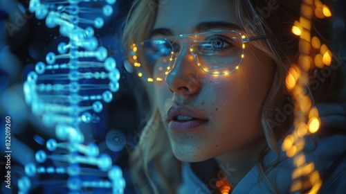 With kein curiosity, a woman immerses herself in the study of a holographically visualized DNA sequence, examining its complex structure.