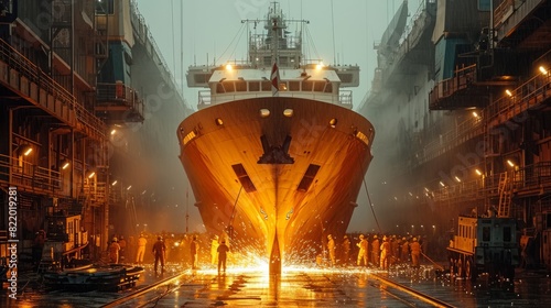 A large ship at a ship repair yard. Repair and construction of large vessels at an industrial shipyard
