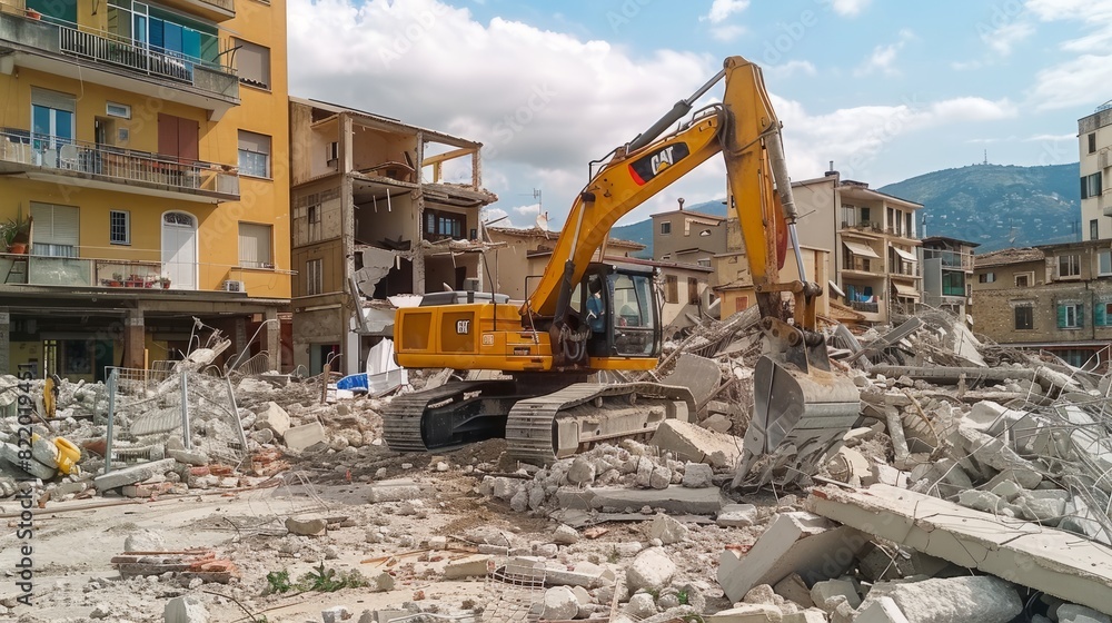 Witness the aftermath of a major earthquake as an excavator clears the debris of concrete slabs in a small town that has been devastated by catastrophic destruction and extensive property damage. Witness the aftermath of a major earthquake as an excavator clears the debris of concrete slabs in a small town that has been devastated by catastrophic destruction and extensive property damage.