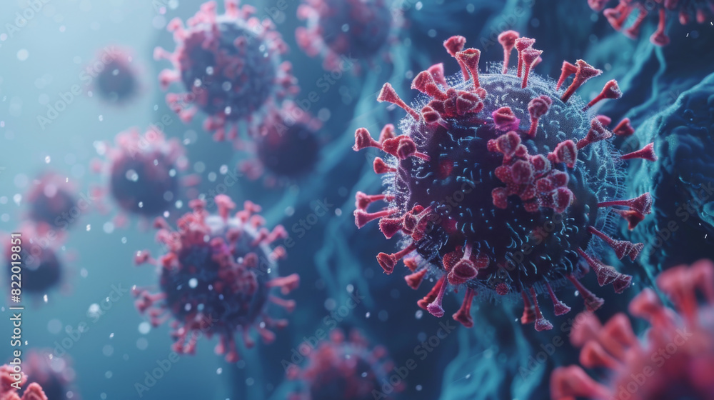 Highly detailed microscopic view of a coronavirus particle against a blue background. Highly detailed microscopic view of a coronavirus particle against a blue background.