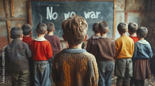 A throwback to times of unrest, a grey-tone photograph captures children standing against a chalkboard with a bold 'No war' commandment. photo