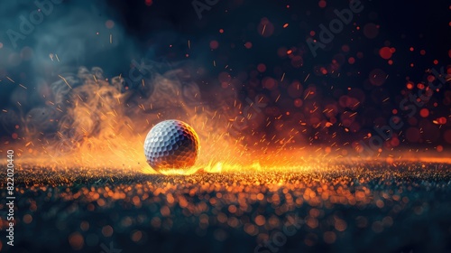 An intense depiction of a flaming golf ball soaring through the night sky, the floodlights casting a brilliant glow on the pitch, emphasizing the speed and power of its movement photo