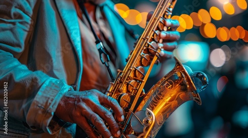 A close up of a gold colored saxophone photo