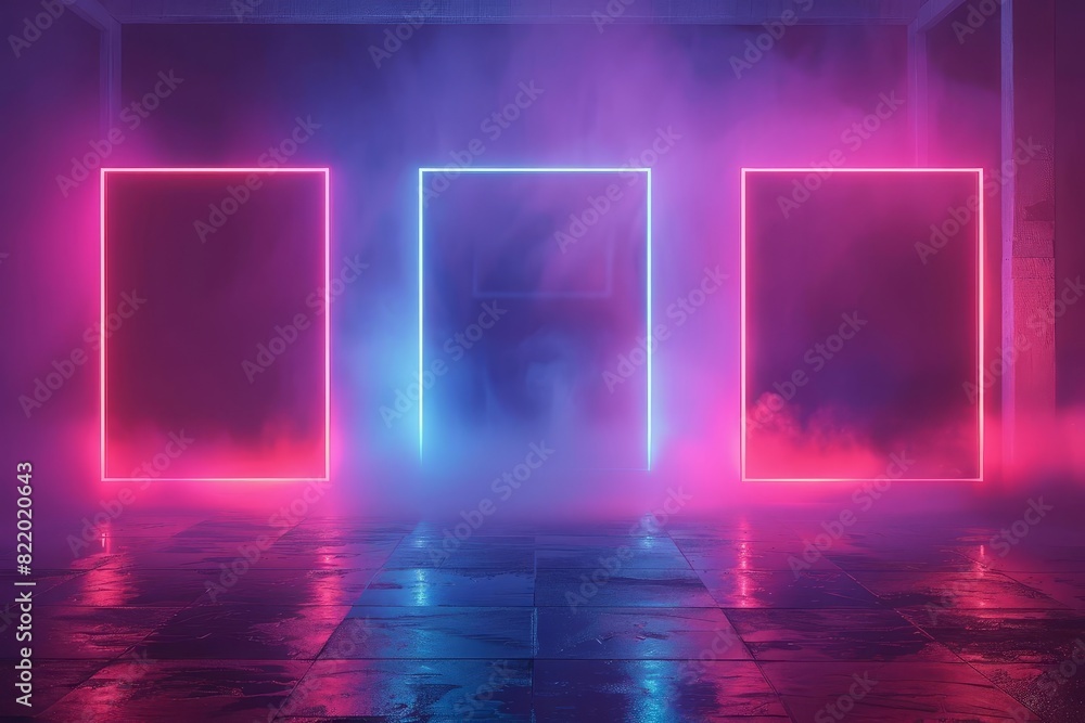 Futuristic neon frames with vibrant pink and blue lighting in a misty environment, creating a modern and atmospheric digital art scene. Futuristic neon frames with vibrant pink and blue lighting in a misty environment, creating a modern and atmospheric digital art scene.