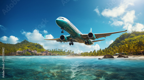 Large passenger plane flies over paradise tropical