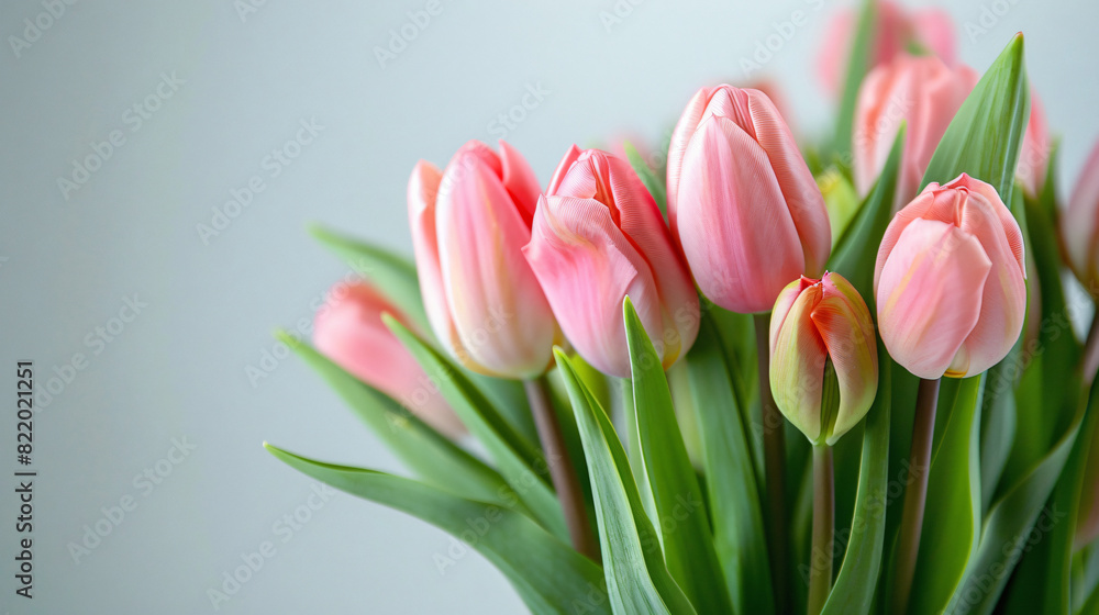 Beautiful bouquet of fresh pink tulips on light background