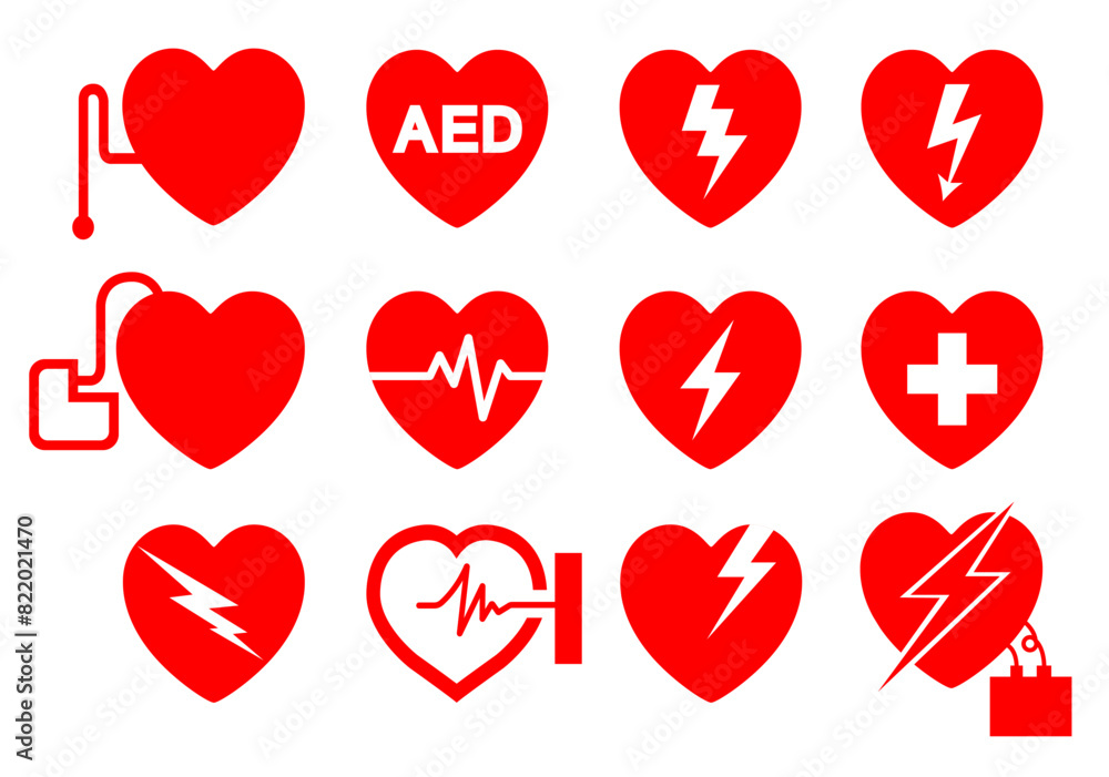 AED Automated External Defibrillator Set Symbol Sign, Vector Illustration, Isolate On White Background Label .EPS10 AED Automated External Defibrillator Set Symbol Sign, Vector Illustration, Isolate On White Background Label .EPS10