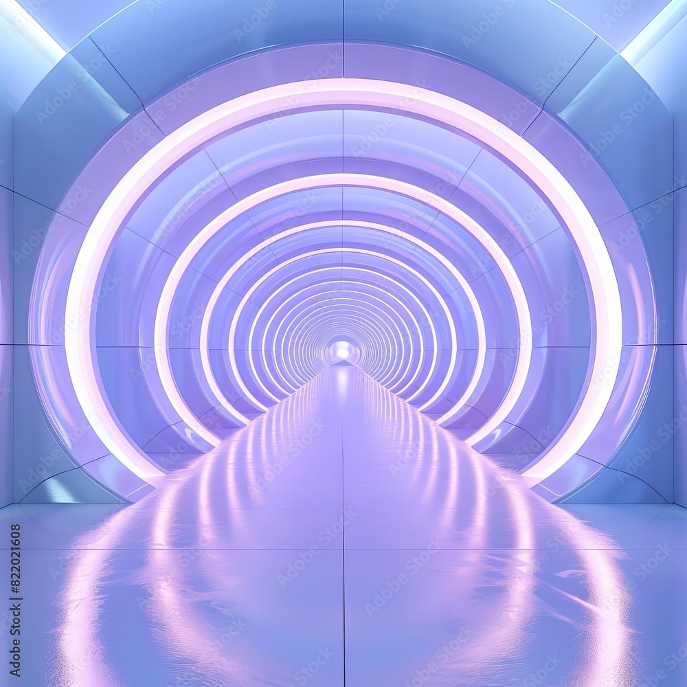 Fototapeta premium Futuristic neon-lit tunnel with glowing arches and reflective floor, showcasing modern and sci-fi architecture in a mesmerizing visual.