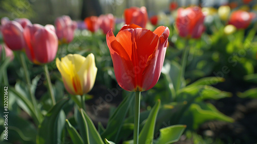 Beautiful bright tulips growing outdoors closeup view