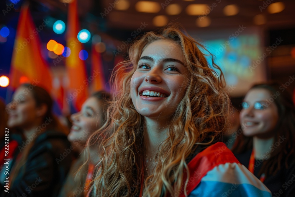 Girl smiles at crowd of people Girl smiles at crowd of people