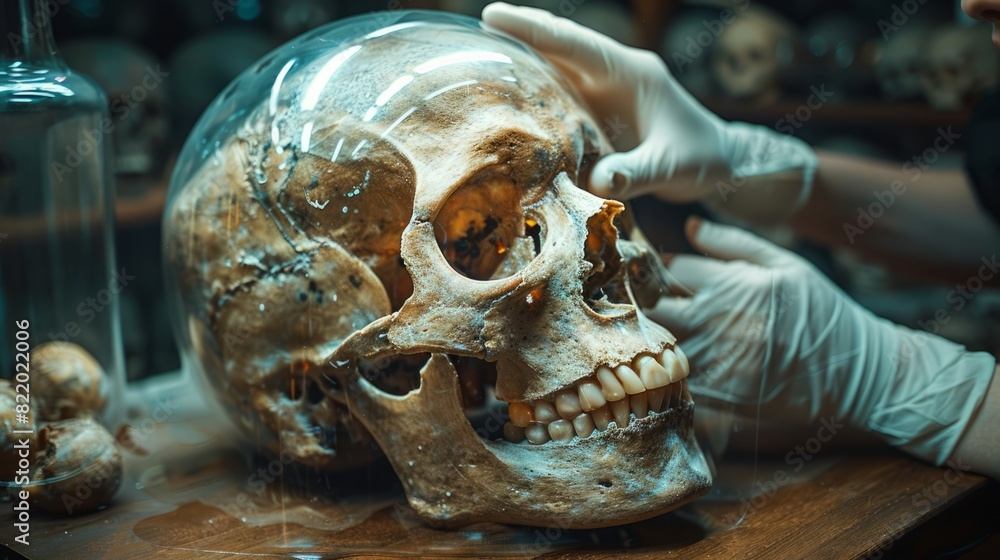 Close-up investigation of an unearthed ancient skull offers a wealth of detail about prehistoric societies and the progression of human development. Close-up investigation of an unearthed ancient skull offers a wealth of detail about prehistoric societies and the progression of human development.