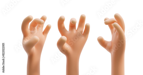 three versions of cartoon 3D hands with fingers isolated on a white background, 3D rendering