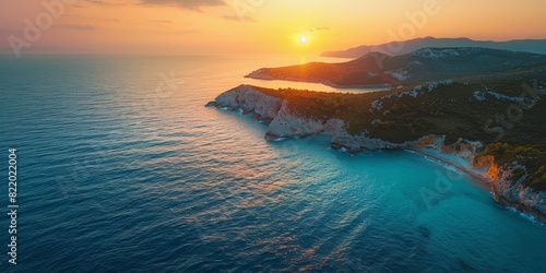 Aerial view of the serene Adriatic coast at sunset