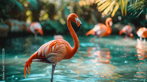 Beautiful Caribbean flamingo in zoo. Wading bird photo