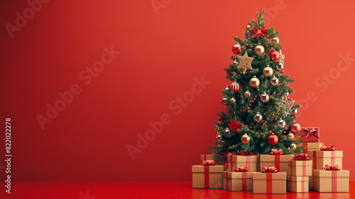 Beautiful Christmas tree with many gift boxes 