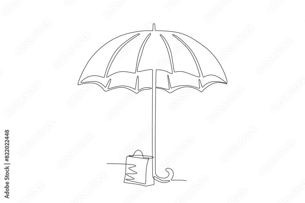 Umbrella and a shopping bag. Monsoon sale one-line drawing