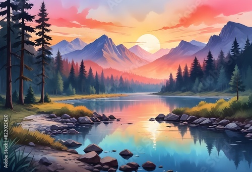 Piękny krajobraz zachodzącego słońca nad rzeką z widokiem na góry i zachodzące słońce. ilustracja jako obraz na ścianę lub okładka książki oraz do innych  projektów. Cudowny efekt farb wodnych photo