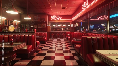 A classic diner with red leather booths, a checkered floor, and a neon sign glowing in the night.