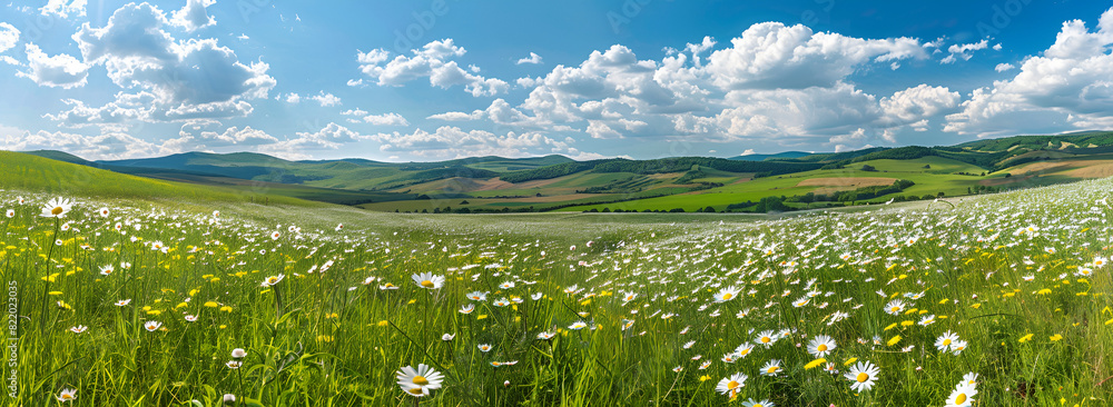 Fototapeta premium Tranquil Hilly Countryside with Blossoming Daisies, Daisies in the Meadow, Rolling Hills and Blooming Daisies 