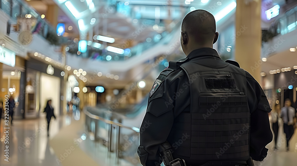 Security Guard in Black Stands Vigilant at Shopping Mall. Concept Security Guard, Black Uniform, Vigilant, Shopping Mall, Authority Figure Security Guard in Black Stands Vigilant at Shopping Mall. Concept Security Guard, Black Uniform, Vigilant, Shopping Mall, Authority Figure