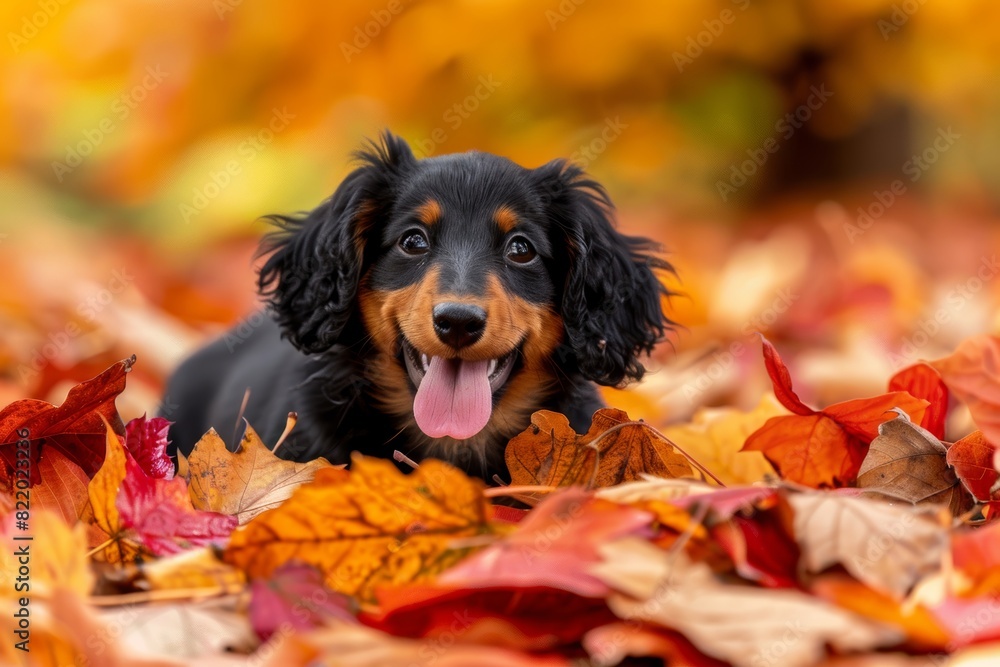 Adorable dachshund puppy happily playing in vibrant autumn leaves with tongue out