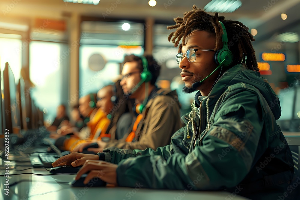 Empathetic Call Center Representatives Fielding Calls in a Bustling Environment Empathetic Call Center Representatives Fielding Calls in a Bustling Environment