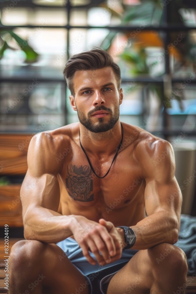 Muscular and fit man sitting down, after his workout routine Muscular and fit man sitting down, after his workout routine