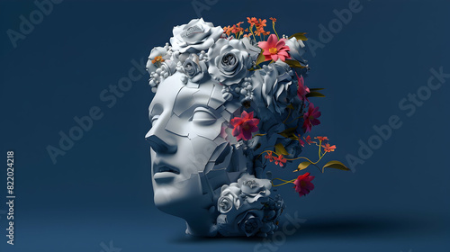 Abstract concept illustration from 3D rendering of white marble classical head sculpture with colorful flowers growing from broken side and isolated on dark blue background.