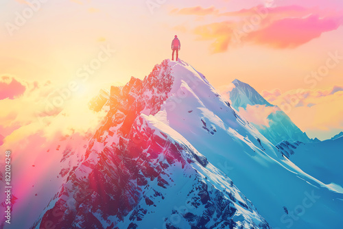 Mountain peak at sunrise, lone hiker conquering the summit, focus on, achievement, vibrant, double exposure, snowcapped backdrop