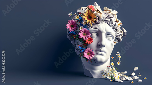 Abstract concept illustration from 3D rendering of white marble classical head sculpture with colorful flowers growing from broken side and isolated on dark blue background. © Fanii