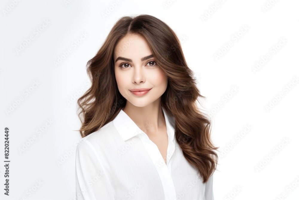 Portrait of a smiling young woman with luxurious wavy hair and a pristine white shirt, looking confidently. Portrait of a smiling young woman with luxurious wavy hair and a pristine white shirt, looking confidently.