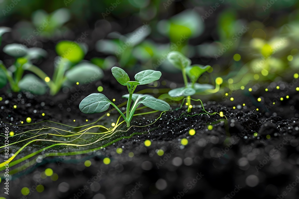 Close-up of young green seedlings growing in soil with glowing lines representing technology and data integration in agriculture. Close-up of young green seedlings growing in soil with glowing lines representing technology and data integration in agriculture.