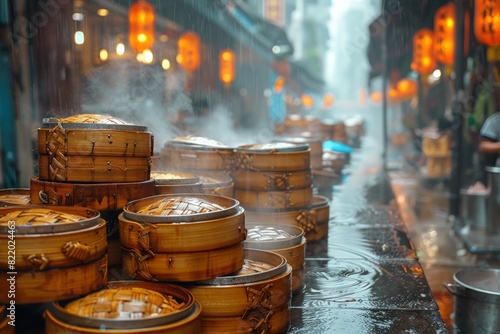 Steaming chinese dumplings on rainy street