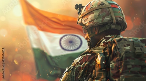 Indian soldier with national flag. Independence day concept, 15th August