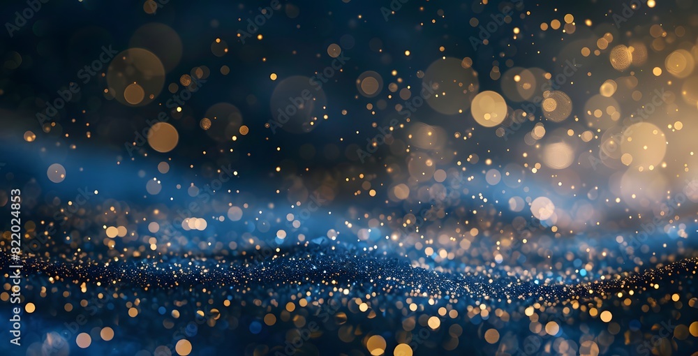 Obraz premium Golden Bokeh Lights on Glittery Blue Background, Luxury Abstract Design for Party, Celebration, New Year Concept