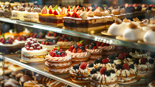 Showcase with different tasty desserts in bakery shop photo