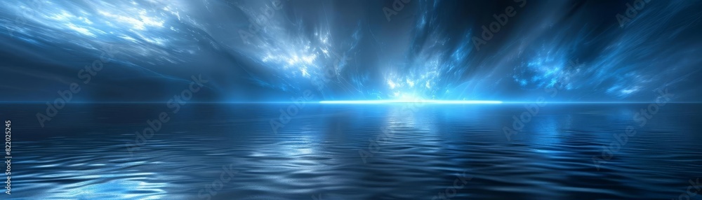 Obraz premium Mystical blue light beams over a calm and reflective water surface, creating a dramatic and ethereal landscape scene.